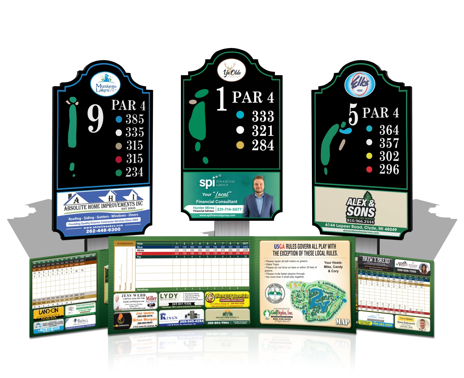 A family of GolfStyles tee signs and scorecards showing hole information and advertiser panels