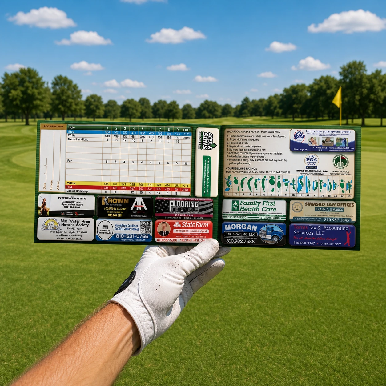 A golfer holding an open GolfStyles scorecard showing hole-by-hole scoring and advertiser panels