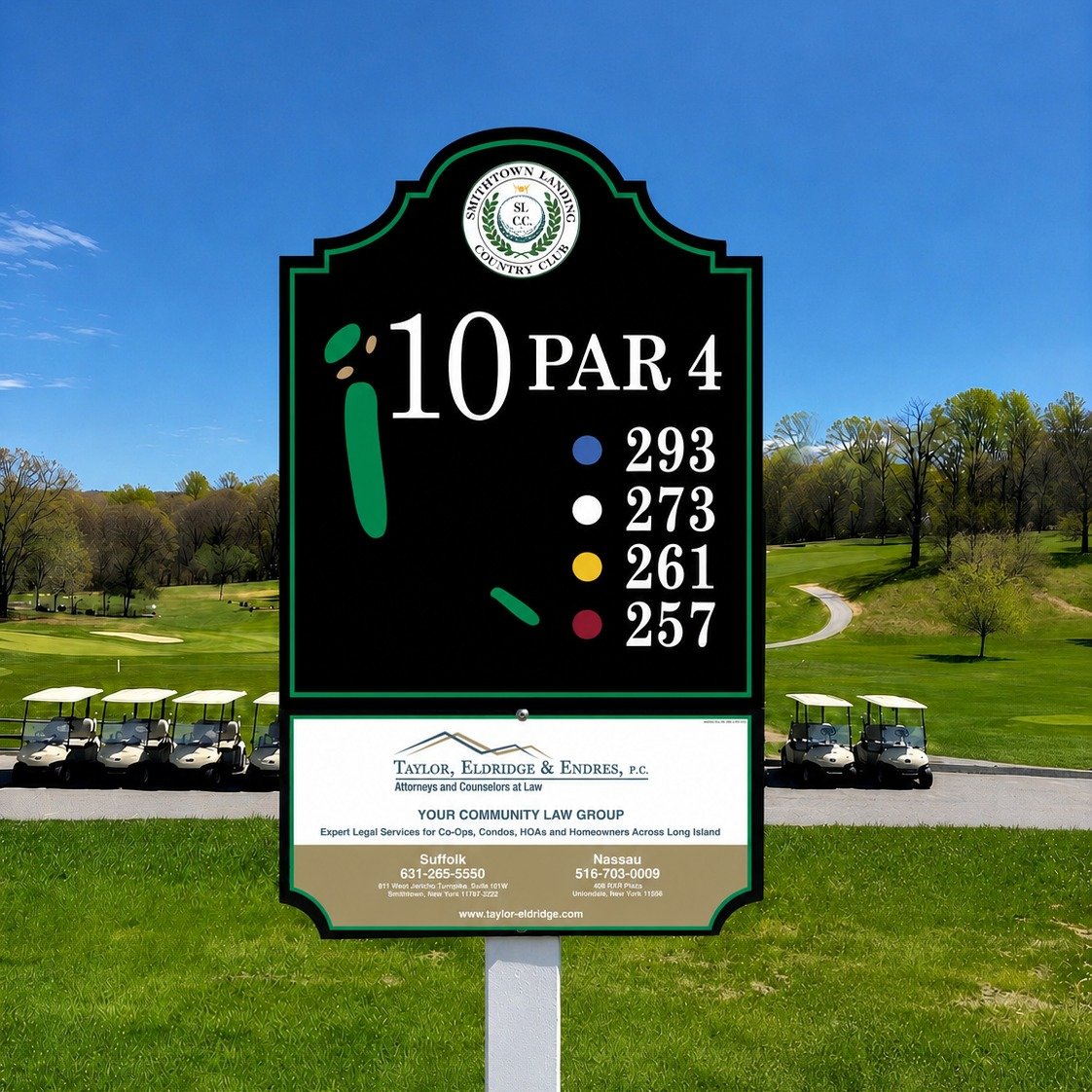 A GolfStyles tee sign at eye-level on the golf course showing hole information and an advertiser panel