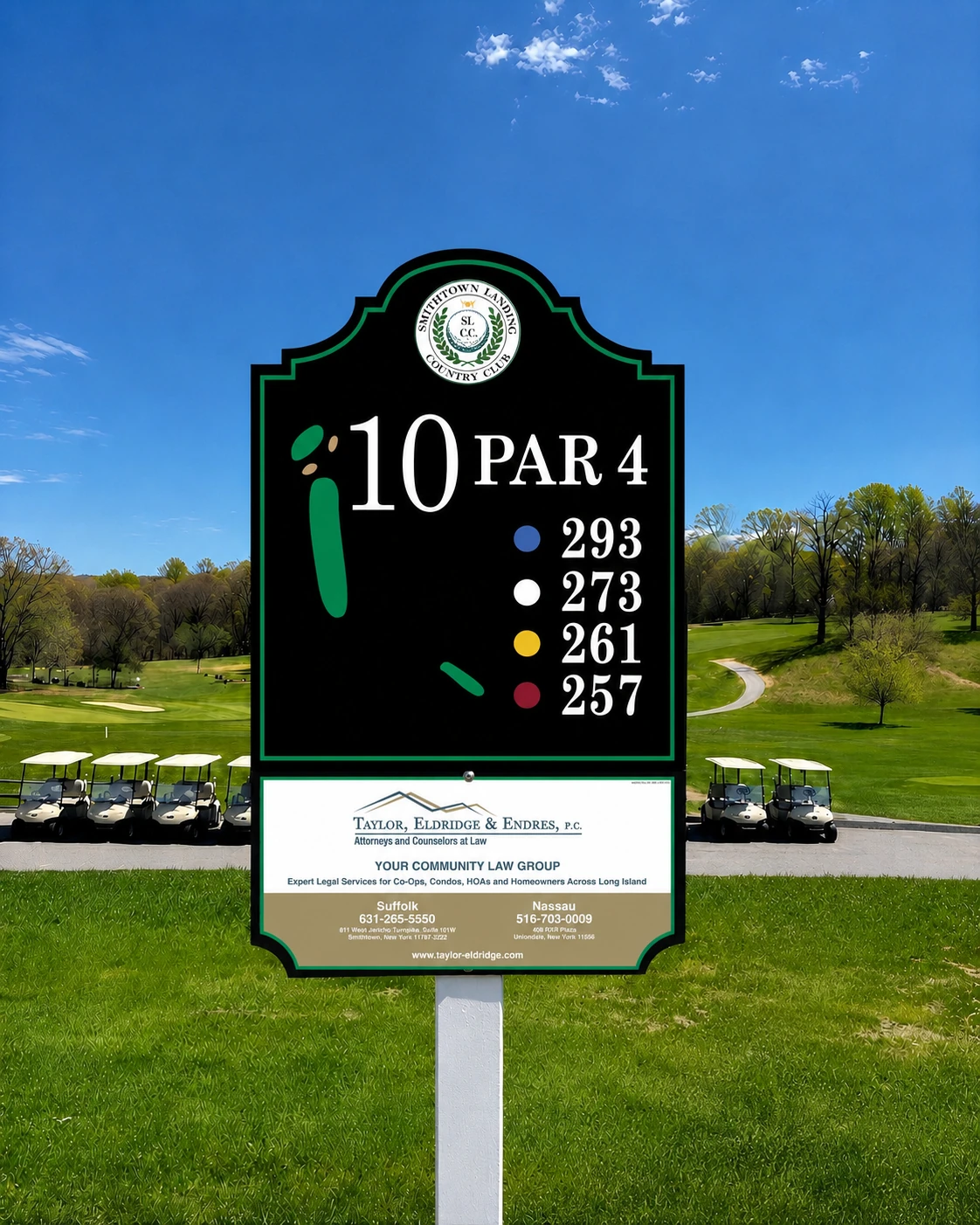 A GolfStyles tee sign showing hole information with an advertiser panel below